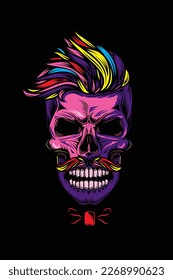 Original vector illustration in vintage style. A hipster skull with a fashionable hairstyle, with a mustache. T-shirt design, design element.