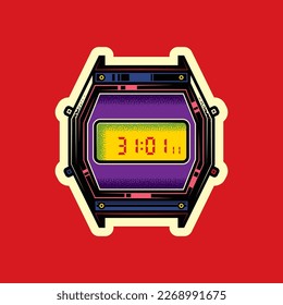 Original vector illustration in vintage style. Old electronic wristwatch with alarm clock and flashlight in retro style. T-shirt design. A design element.