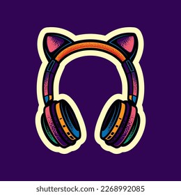 Original vector illustration in vintage style. Full-size wireless stereo headphones with ears in different colors. T-shirt design. A design element.