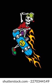 Original vector illustration in vintage style. The skeleton doing a trick on a skateboard. T-shirt design, design element.