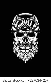 Original vector illustration in vintage style. Brutal skull biker motorcycle helmet with beard and moustache, with a cigar in his mouth. T-shirt design, design element.