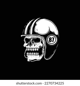 Original vector illustration in vintage style. Skull motorcycle helmet. T-shirt design, design element. 