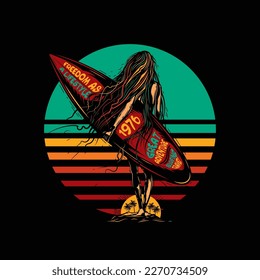 Original vector illustration in vintage style. A girl with a surfboard on the background of palm trees and sunset. T-shirt design, design element.