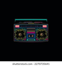 Original vector illustration in vintage style. Boombox. Retro icons portable stereo cassette recorder. T-shirt design.