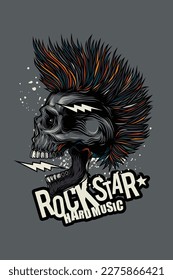 Original vector illustration in vintage style. Punk rocker skull with hairstyle. Design for T-shirt or sticker. A design element.