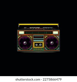 Original vector illustration in vintage style. Boombox. Retro icons portable stereo cassette recorder. T-shirt design.