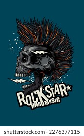 Original vector illustration in vintage style. Punk rocker skull with hairstyle. Design for T-shirt or sticker. A design element.