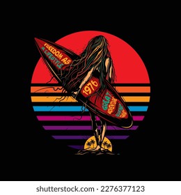 Original vector illustration in vintage style. A girl with a surfboard on the background of palm trees and sunset. T-shirt design, design element.