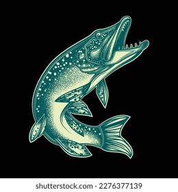 Original vector illustration in vintage style. Fish-pike. T-shirt design, stickers, print.