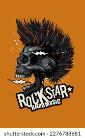 Original vector illustration in vintage style. Punk rocker skull with hairstyle. Design for T-shirt or sticker. A design element.