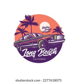 Original vector illustration in vintage style. Custom vintage car on the background of palm trees and the sun. Design a T-shirt, sticker, or poster.