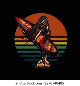 Original vector illustration in vintage style. A girl with a surfboard on the background of palm trees and sunset. T-shirt design, design element.