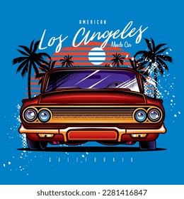 Original vector illustration in vintage style. Car convertible in retro style, on the background of palm trees and sunset. T-shirt design, design element.