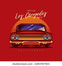 Original vector illustration in vintage style. Car convertible in retro style, on the background of palm trees and sunset. T-shirt design, design element.