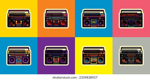 Original vector illustration in vintage style. Boombox. Retro icons portable stereo cassette recorder. T-shirt design.