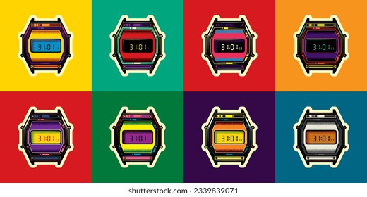 Ilustración vectorial original en estilo vintage. Viejo reloj de pulsera electrónico con despertador y linterna en estilo retro. Diseño de camisetas. Un elemento de diseño.