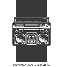 Original vector illustration in vintage style. Boombox. Retro icons portable stereo cassette recorder on a dark background. T-shirt design. Design element