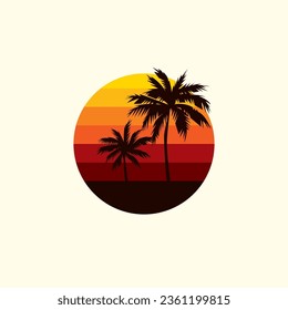 Original vector illustration in vintage style. Palm trees on the sunset background in the retro style of the 80s. T-shirt design.
