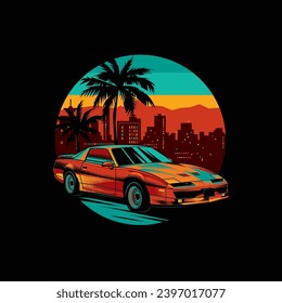 Ilustración vectorial original en estilo vintage. Diseño luminoso en el espíritu de los años 80-90. Coche retro sobre el fondo de palmeras, montañas y la ciudad nocturna. Diseño de camisetas. Dibujado a mano, no IA