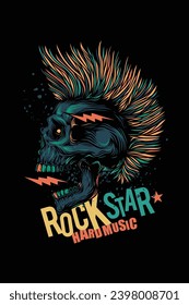 Original vector illustration in vintage style. Punk rocker skull with hairstyle. Design for T-shirt or sticker. A design element. Hand drawn, not AI