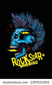 Original vector illustration in vintage style. Punk rocker skull with hairstyle. Design for T-shirt or sticker. A design element. Hand drawn, not AI