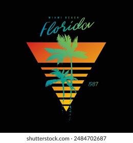 Original vector illustration in vintage style. Retro sunset collection in triangular shape. T-shirt design, design element. Hand drawn, not AI