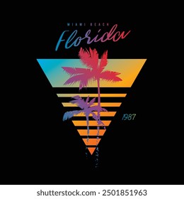 Original vector illustration in vintage style. Retro sunset collection in triangular shape. T-shirt design, design element. Hand drawn, not AI