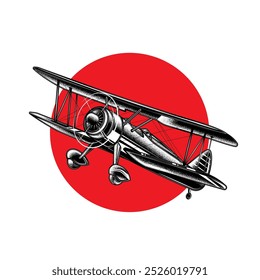 Original vector illustration in vintage style. An old propeller plane. T-shirt design. Hand drawn, not AI