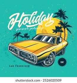 Original vector illustration in vintage style. Vintage car on the background of palm trees and the sun. Hand drawn, not AI