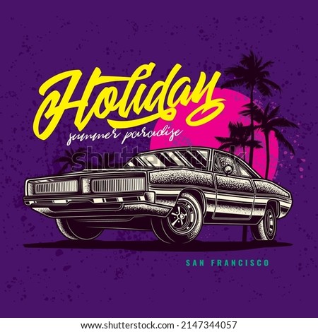 Original vector illustration in vintage style. Vintage car,palm trees, sun on a purple background. T-shirt design.