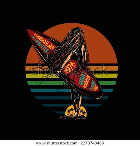 Original vector illustration in vintage style. A girl with a surfboard on the background of palm trees and sunset. T-shirt design, design element.