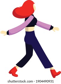 Original Vector Illustration. Walking woman with red hair.
Pink bomber jacket crop. Red boots. Simple illustration