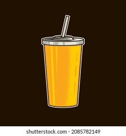 Original vector illustration of a yellow plastic soda Cup with a lid and straw in vintage style.