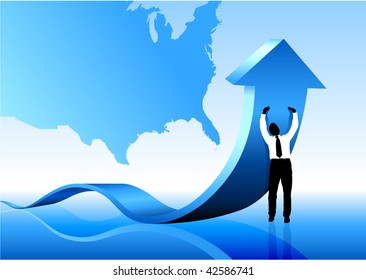 Original Vector Illustration: Young business man pushing USA out of recession AI8 compatible