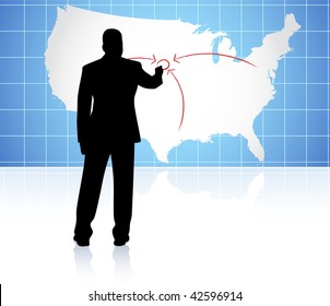 Original Vector Illustration: Young business man drawing on world map AI8 compatible