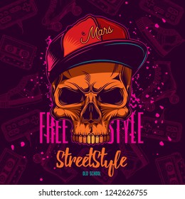 Original vector illustration. Youth skull in a cap in neon style. Sticker or t-shirt design.