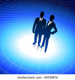 Original Vector Illustration:business team silhouettes on corporate background with binary code