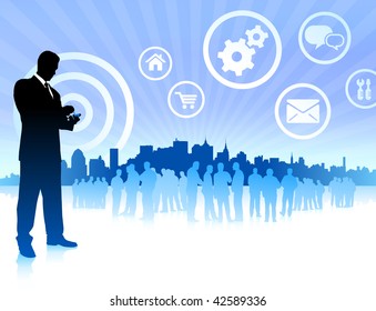Original Vector Illustration:businessman with city on blue background AI8 compatible