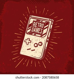 Ilustraciones vectoriales originales. Consola de juego portátil en un fondo de color rojo.