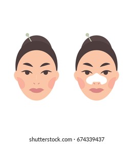 Original vector image. Instructions for applying cleansing strips against blackheads. A pretty woman's face. Universal use.