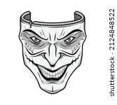 Original vector image of a theatrical mask. Comedian. Cheerful clown. Cunning  joker. Spiteful actor. The drawing for design. Black tattoo. Vector illustrations for t shirt print.