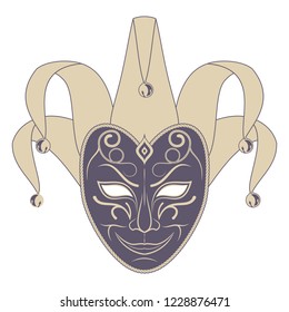 Original vector image of a theatrical mask on a white background. Comedian. Cheerful clown. Vintage style. Cunning joker. Spiteful actor. The drawing for design. Tattoo. Vector color illustration.