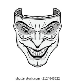Original vector image of a theatrical mask. Comedian. Cheerful clown. Cunning  joker. Spiteful actor. The drawing for design. Black tattoo. Vector illustrations for t shirt print.