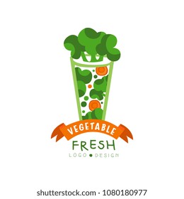 Original vector logo with glass of fresh vegetable drink from broccoli and carrot. Natural and healthy vegetarian beverage