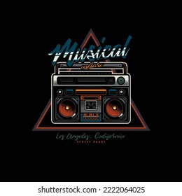 Original vector logo in neon style. An old cassette player. Boombox. T-shirt design, design element.