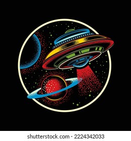 Original vector logo in neon style. Flying saucer in space on the background of planets