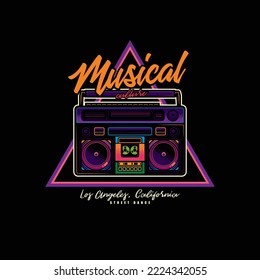 Logo vectorial original al estilo neón. Un viejo reproductor de cassette. Boombox. Diseño de camisetas, elemento de diseño.