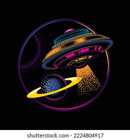 Original vector logo in neon style. Flying saucer in space on the background of planets