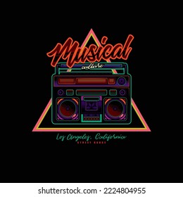 Original vector logo in neon style. An old cassette player. Boombox. T-shirt design, design element.