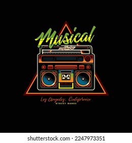 Logo vectorial original al estilo neón. Un viejo reproductor de cassette. Boombox. Diseño de camisetas, elemento de diseño.